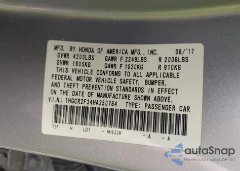 2017 Honda Accord Lx from USA, damaged, VIN 1HGCR2F34HA250784